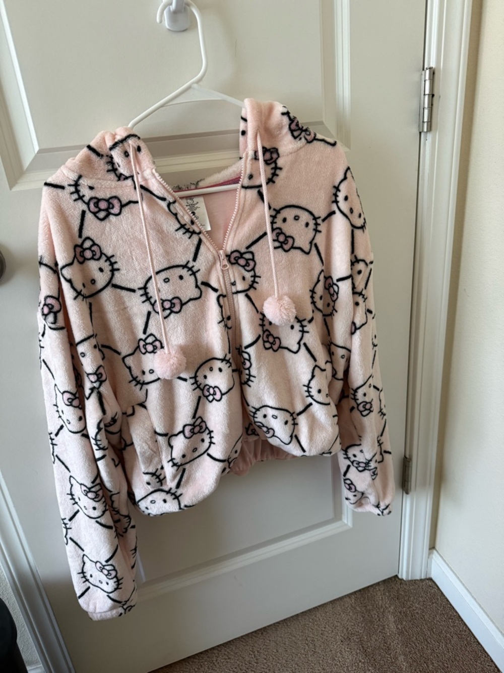Hello Kitty Plush Pink Hooded Zip-Up with Pom Pom Ties